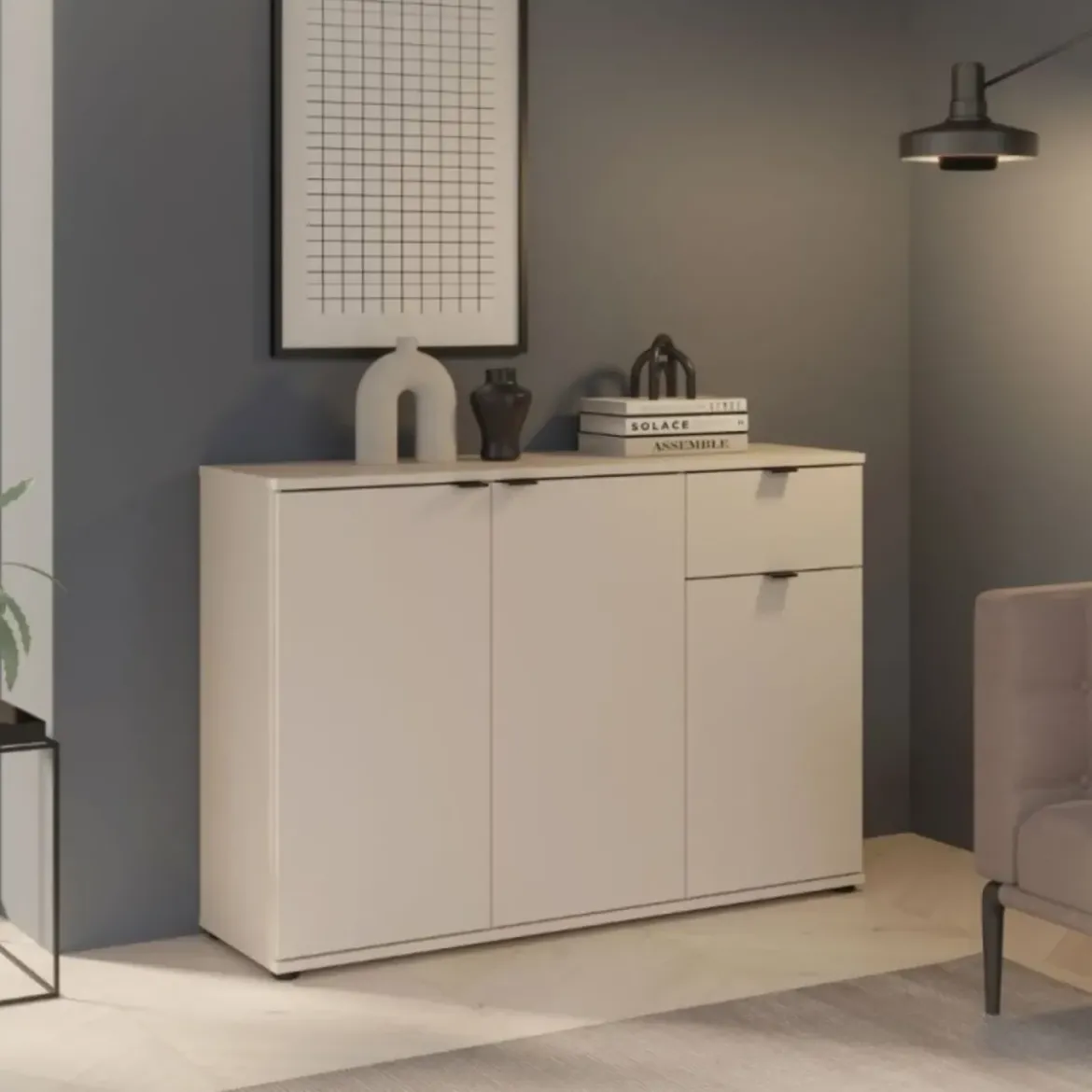 Madia 3 Ante 1 Cassetto Credenza Salvaspazio Beige Cashmere Soggiorno
