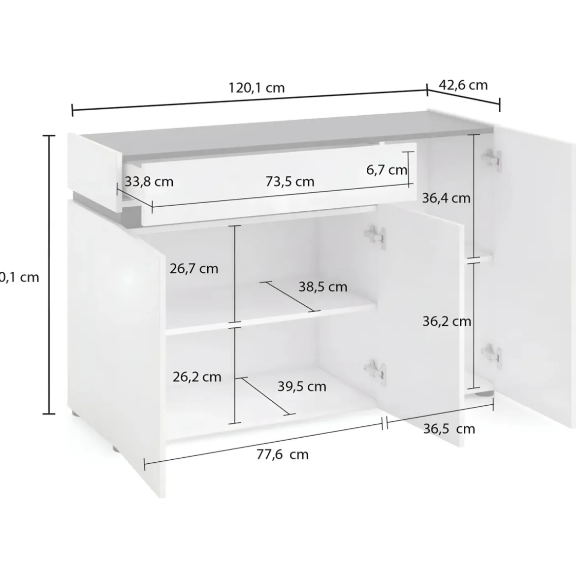 Madia Bianca 120x42x80 cm con 3 Ante e Cassetto Soft-Close
