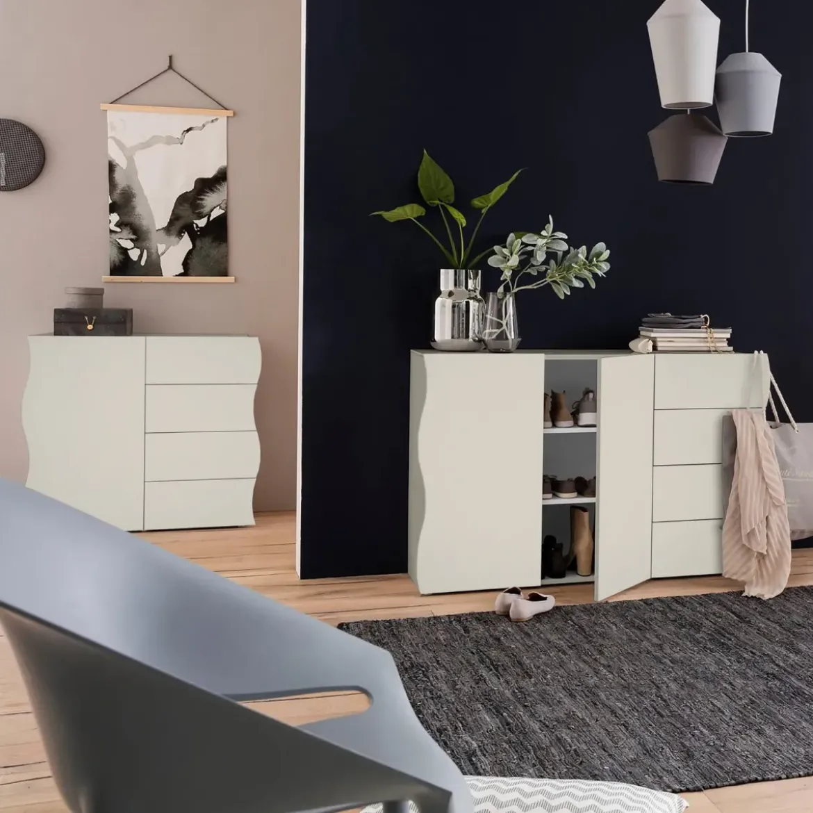 Madia Salvaspazio 1 Anta 4 Cassetti Credenza Legno Beige Cachemire