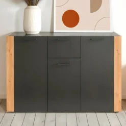 Madia Soggiorno Moderna 3 Ante 1 Cassetto Credenza Rovere Antracite