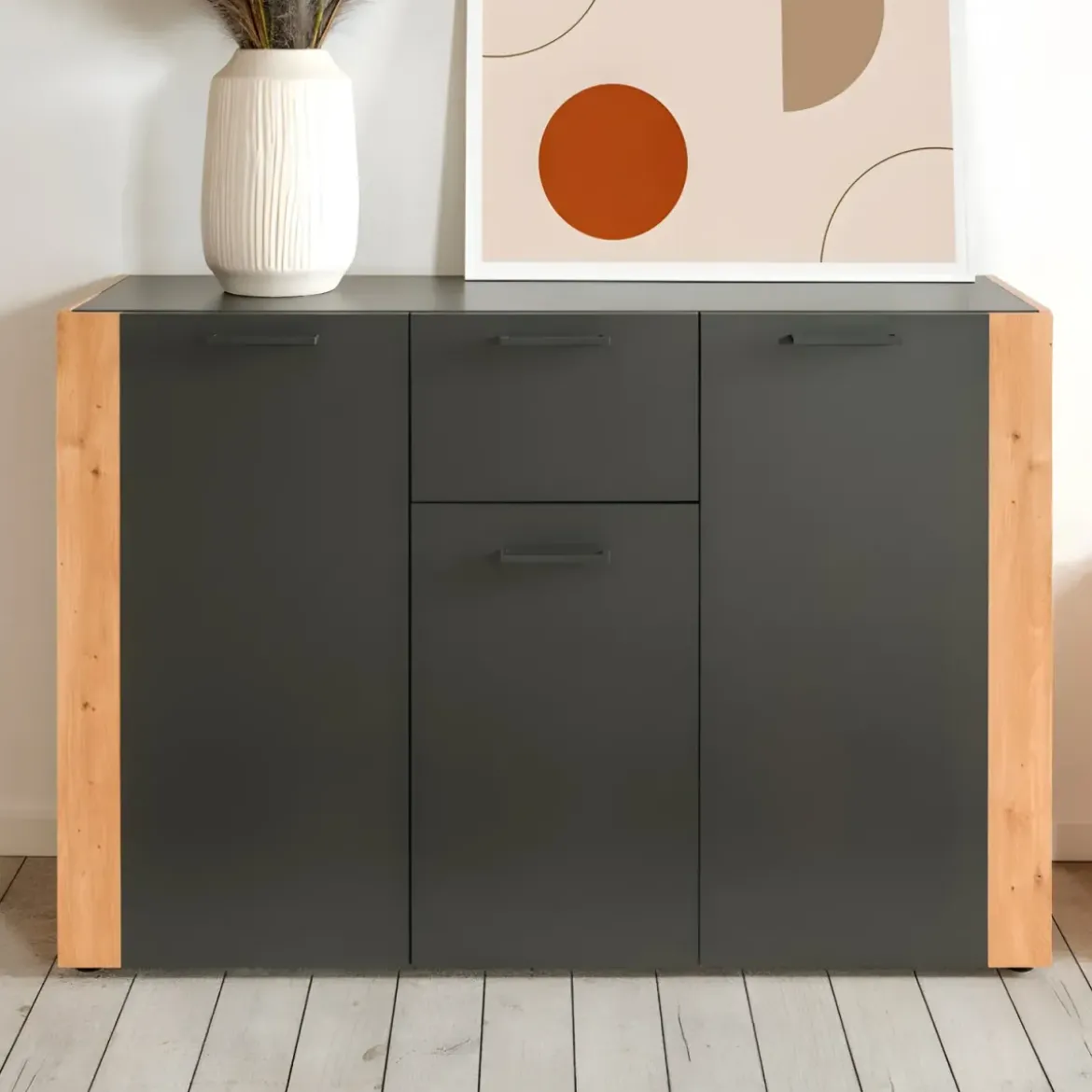 Madia Soggiorno Moderna 3 Ante 1 Cassetto Credenza Rovere Antracite