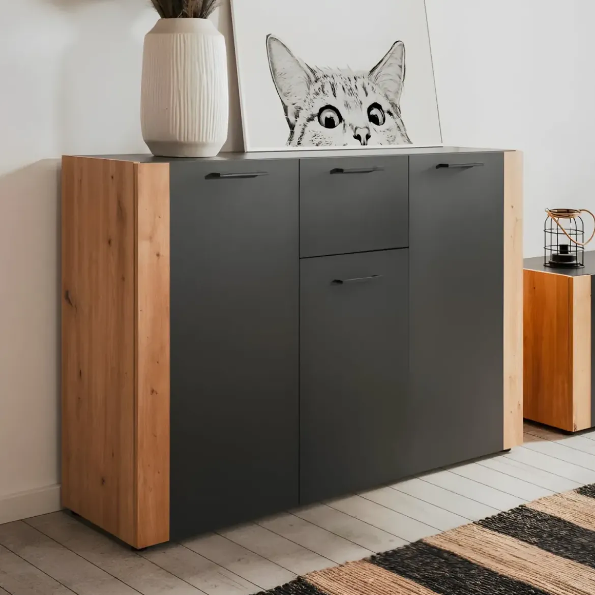 Madia Soggiorno Moderna 3 Ante 1 Cassetto Credenza Rovere Antracite