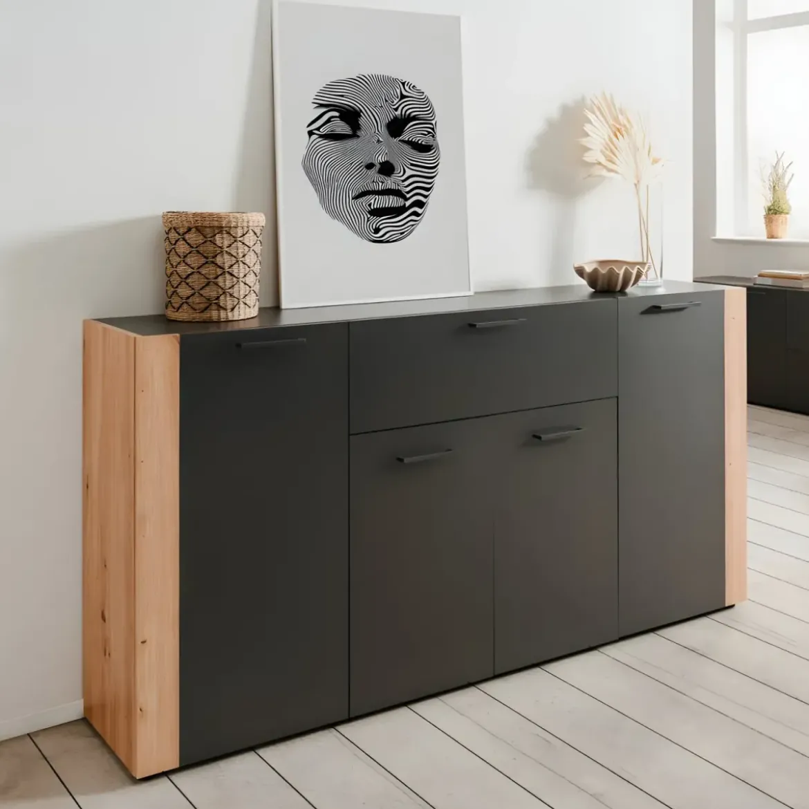 Madia Soggiorno Moderna 4 Ante 1 Cassetto Credenza Rovere Antracite