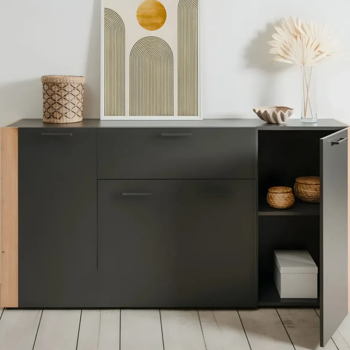 Madia Soggiorno Moderna 4 Ante 1 Cassetto Credenza Rovere Antracite