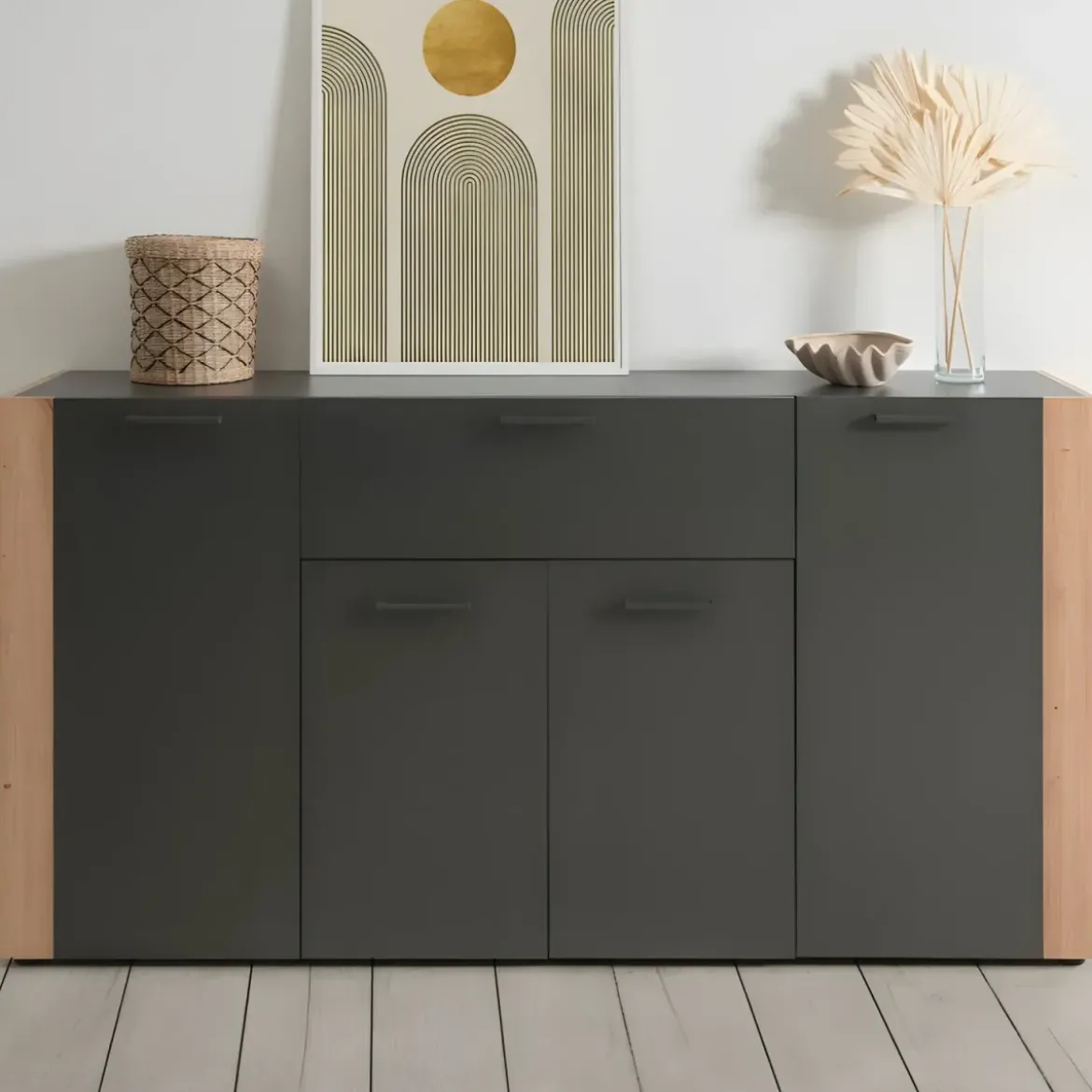 Madia Soggiorno Moderna 4 Ante 1 Cassetto Credenza Rovere Antracite