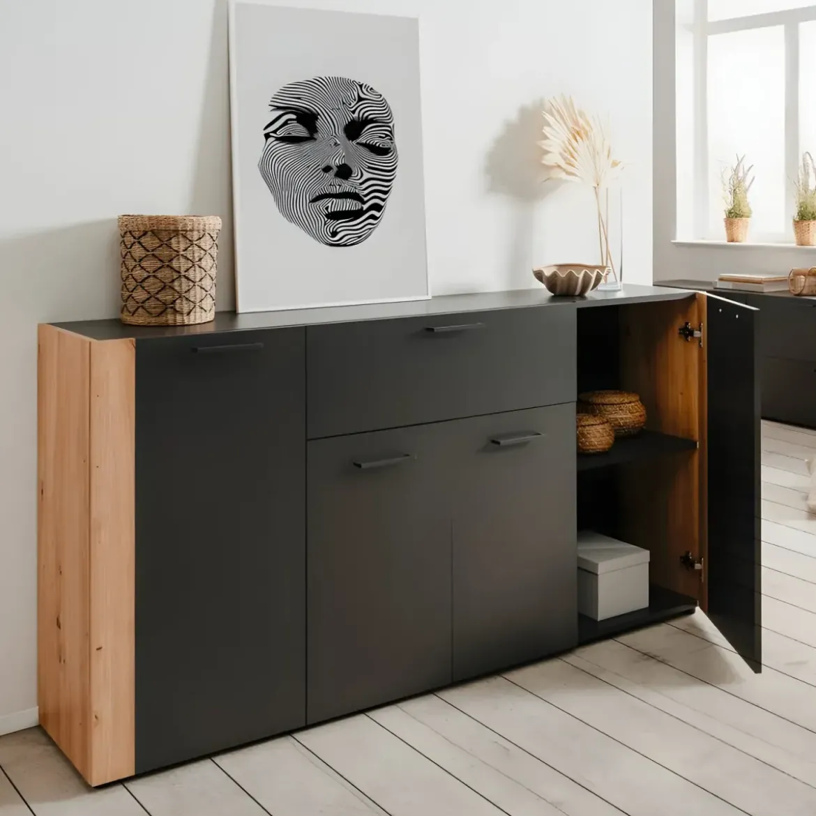 Madia Soggiorno Moderna 4 Ante 1 Cassetto Credenza Rovere Antracite