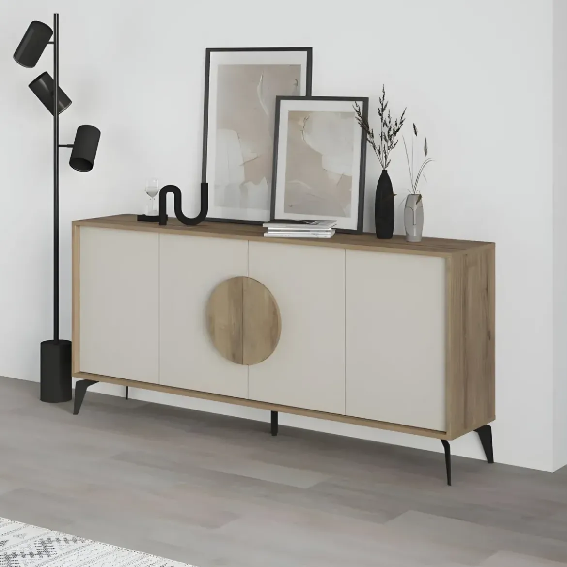Madia Soggiorno Moderna 180 cm 4 Ante Beige Struttura Noce Piedini