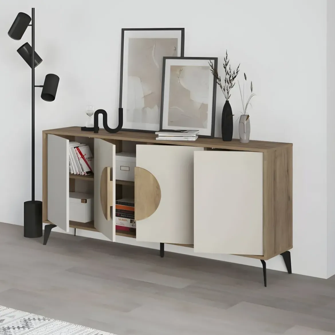 Madia Soggiorno Moderna 180 cm 4 Ante Beige Struttura Noce Piedini