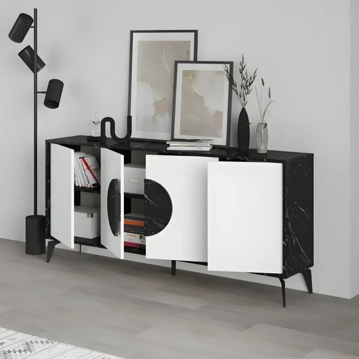 Madia Soggiorno Moderna 180 cm 4 Ante Bianco Nero Effetto Marmo Moderno