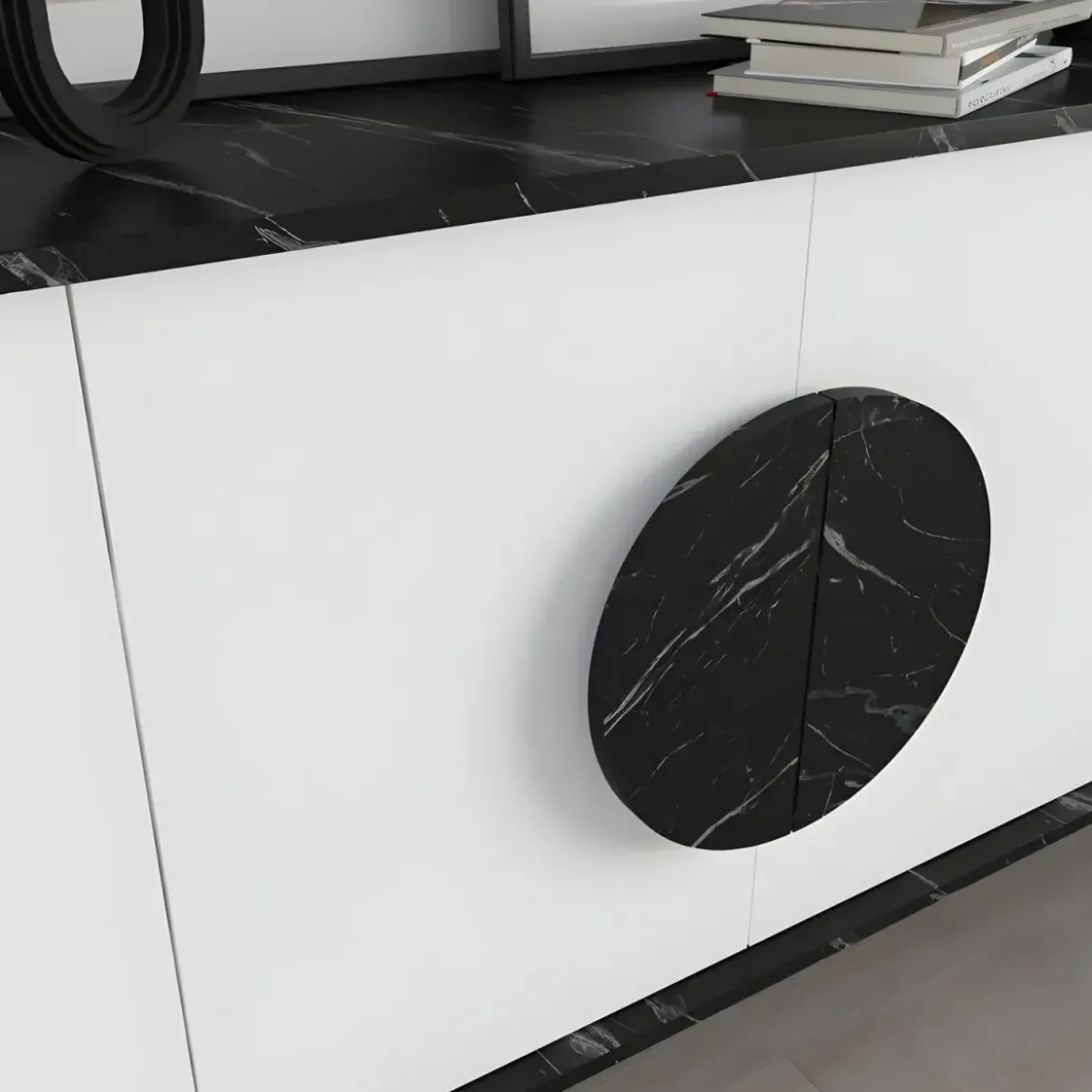 Madia Soggiorno Moderna 180 cm 4 Ante Bianco Nero Effetto Marmo Moderno