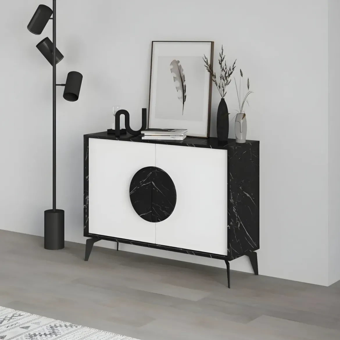 Madia Soggiorno Moderna 110 cm Bianco Nero Effetto Marmo Piedini