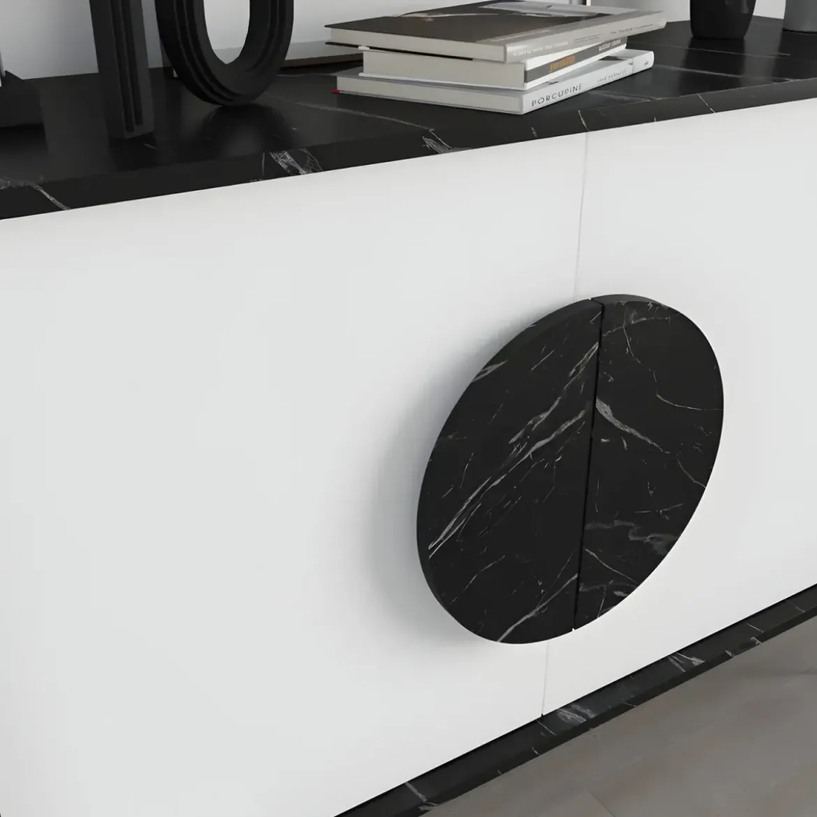 Madia Soggiorno Moderna 110 cm Bianco Nero Effetto Marmo Piedini