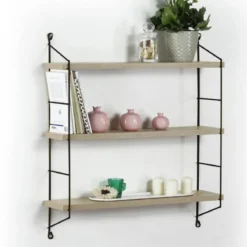 Mensola da Parete Acciaio e Legno Rovere Scaffale a Muro con 3 Ripiani