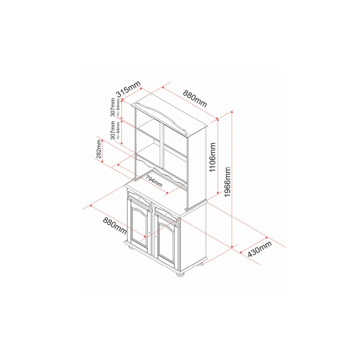 Mobile Alto Credenza Vetrina 2 Ante 2 Cassetti Pino da Soggiorno Cucina Rustico