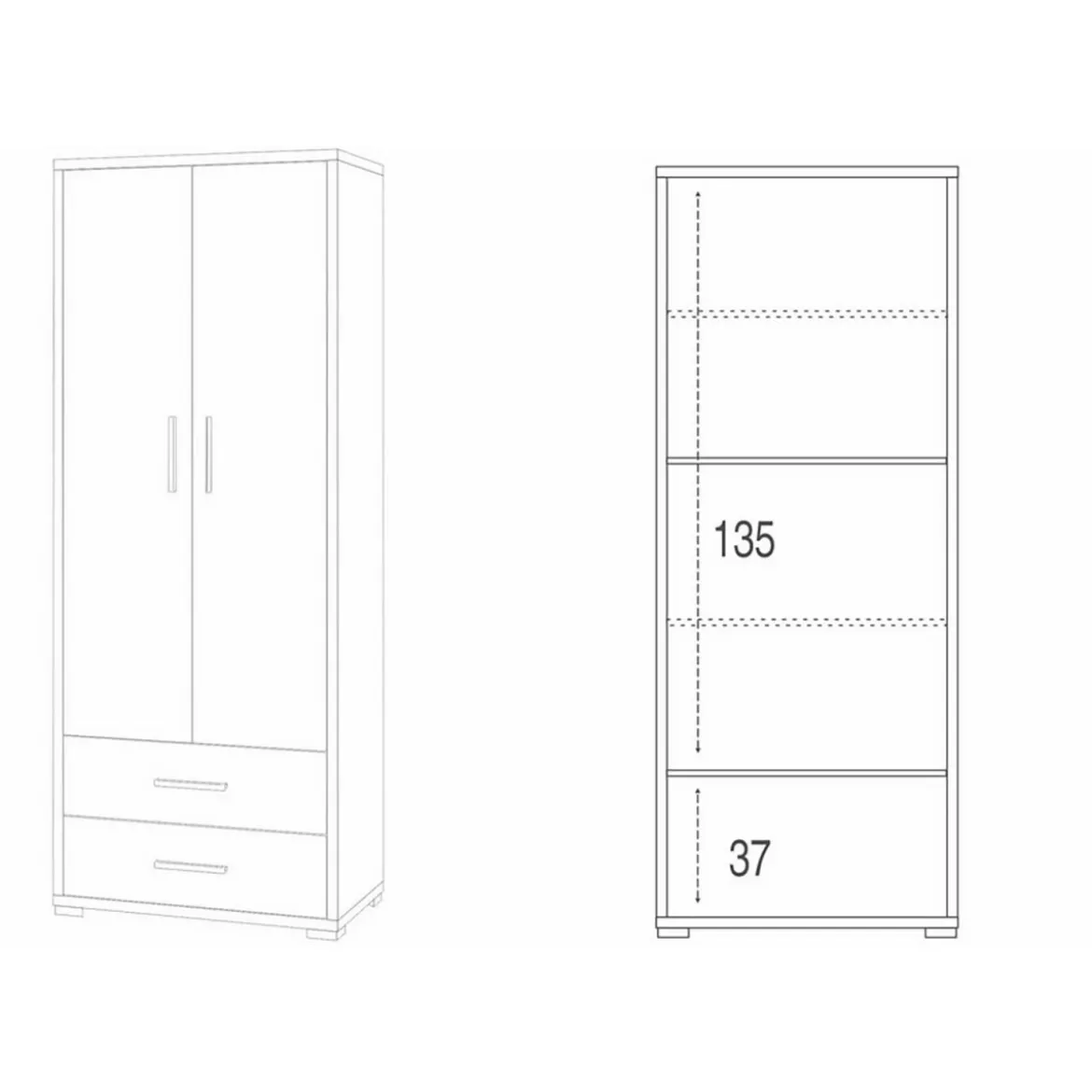 Mobile Armadio Alto 180 cm 2 Ante con Cassetti Bianco Nero in Legno