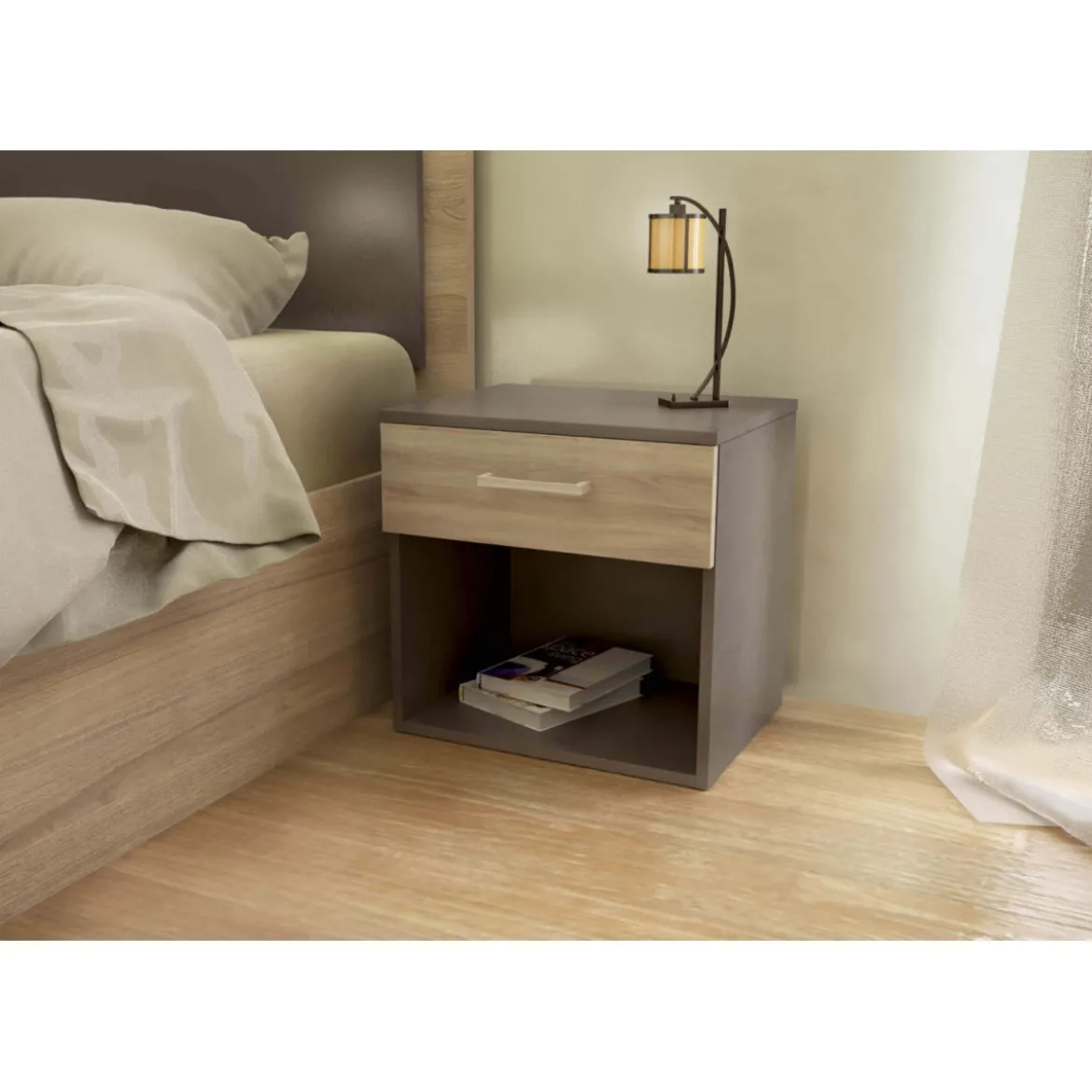 Mobile Comodino in Legno con Cassetto Grigio Olmo per Camera da Letto