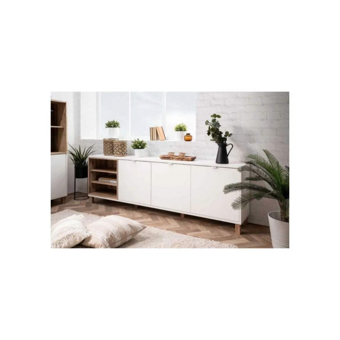 Mobile Credenza 200 cm 3 Ante in Legno Bianco e rovere Naturale Madia Soggiorno