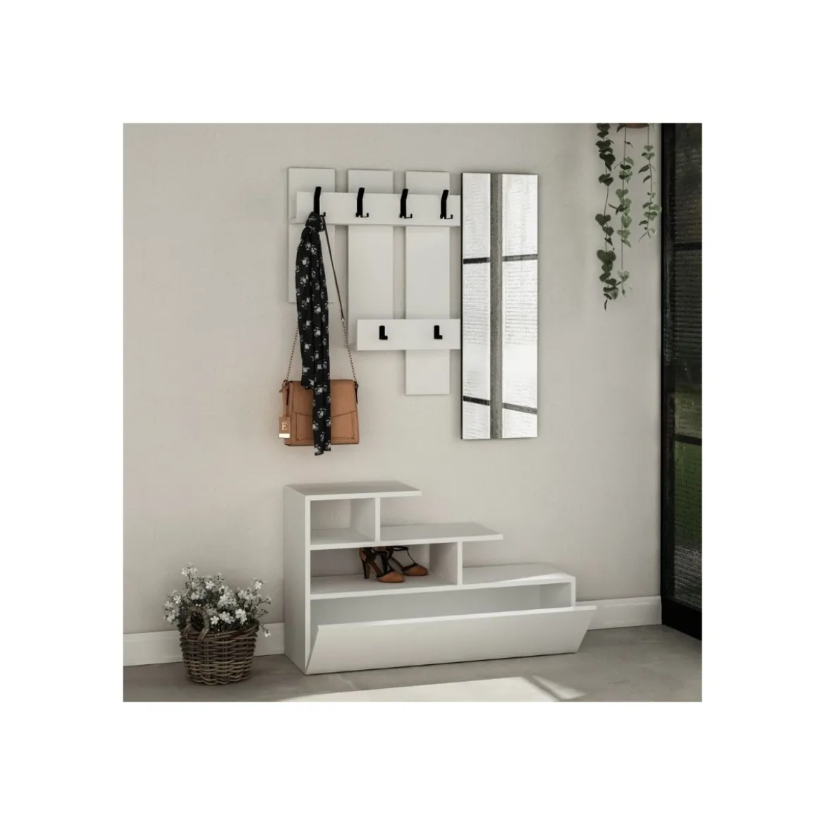 Mobile Ingresso Bianco 100x70cm con Specchio e Scarpiera