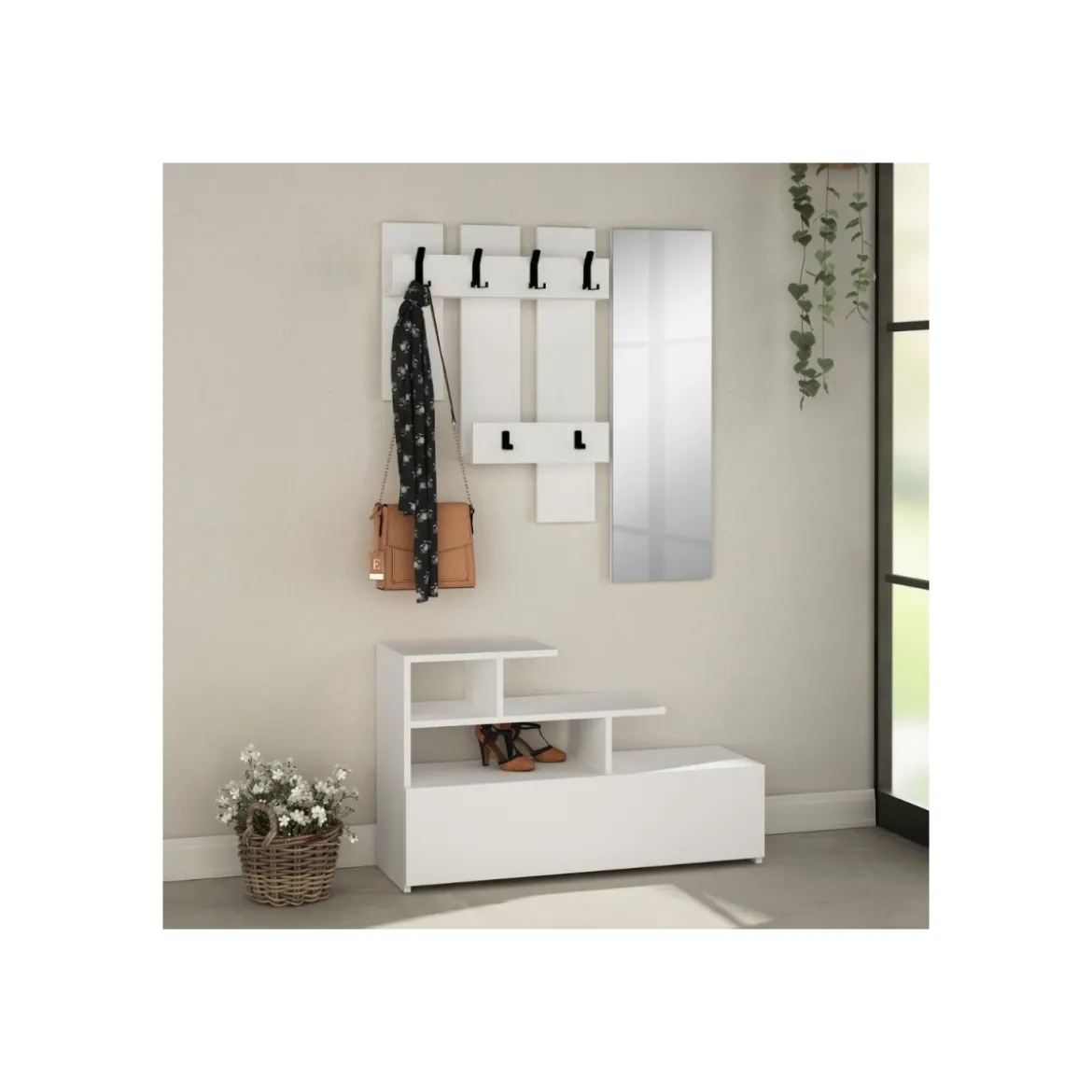 Mobile Ingresso Bianco 100x70cm con Specchio e Scarpiera