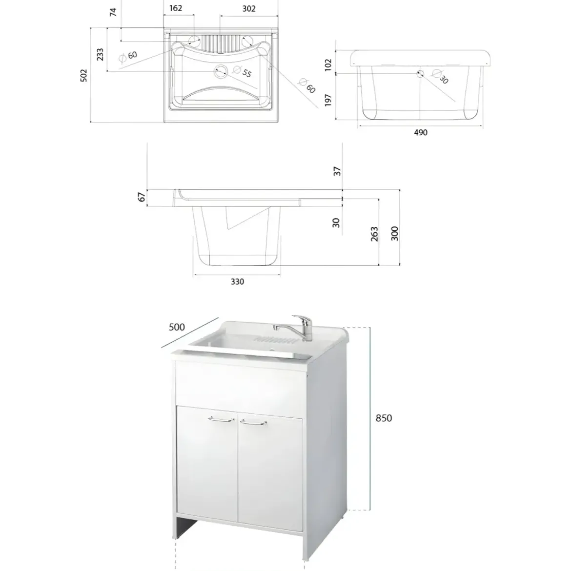 Mobile Lavatoio 2 Ante 60x50x85 con Colonna 45x50x182 e Specchio 45x60