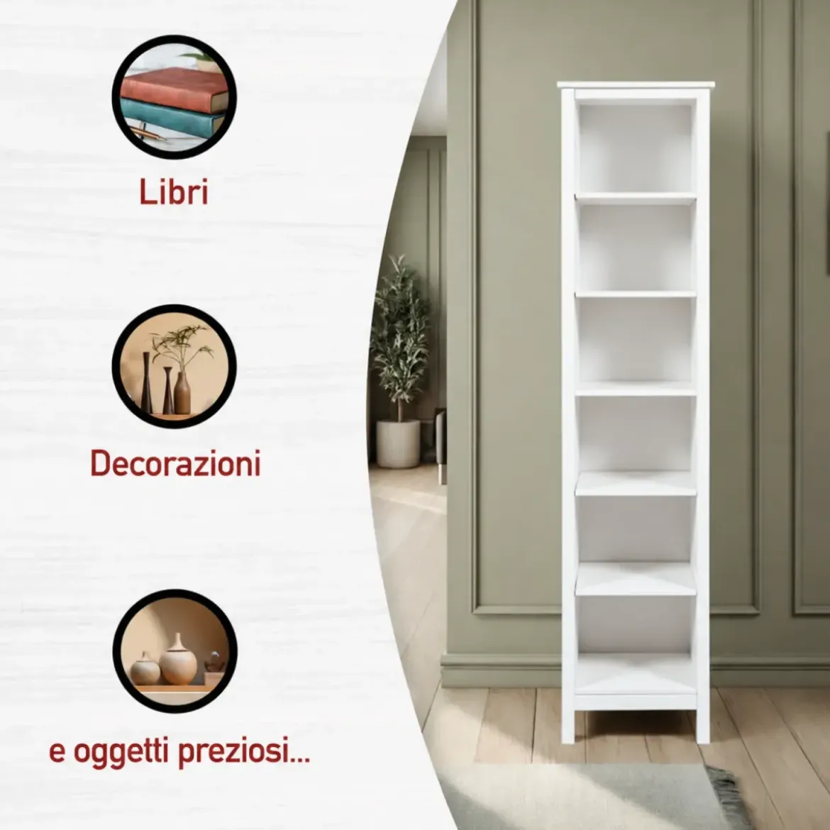 Mobile Libreria Soggiorno Camera Alta in Legno MDF Bianco 6 Ripiani