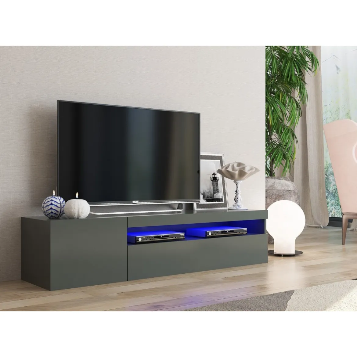 Mobile Moderno Porta TV 155 Basso Antracite Soggiorno Anta Ribalta Legno