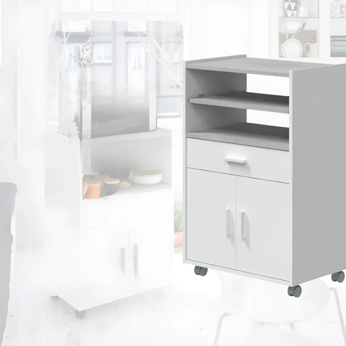Mobile Portaforno con Ruote Legno Bianco Salvaspazio Cassetto 2 Ante