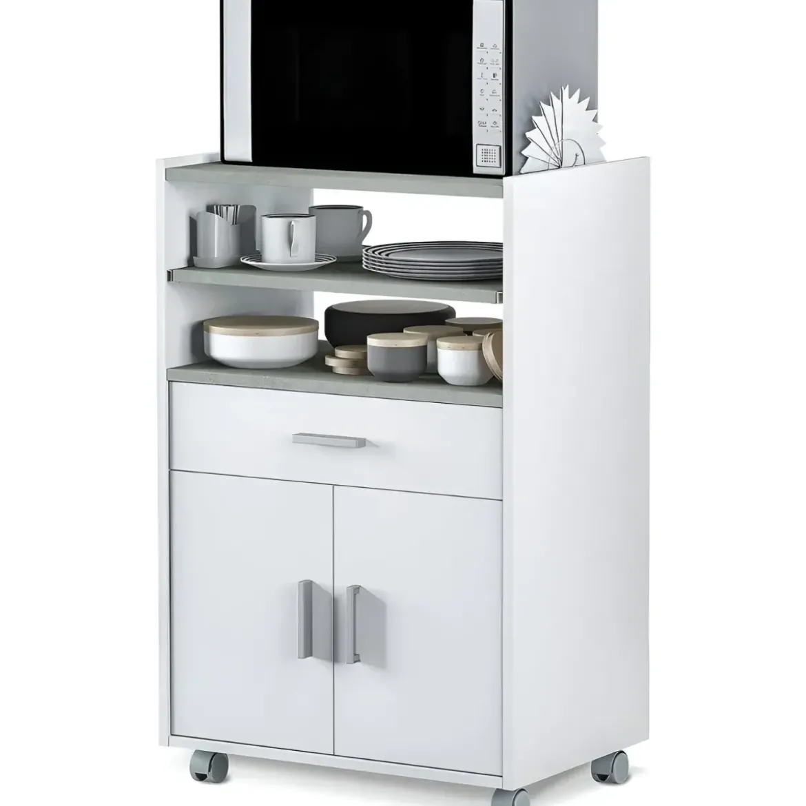Mobile Portaforno con Ruote Legno Bianco Salvaspazio Cassetto 2 Ante