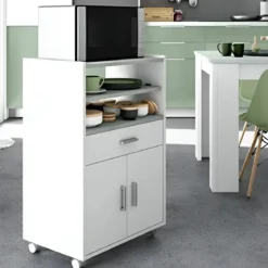 Mobile Portaforno con Ruote Legno Bianco Salvaspazio Cassetto 2 Ante