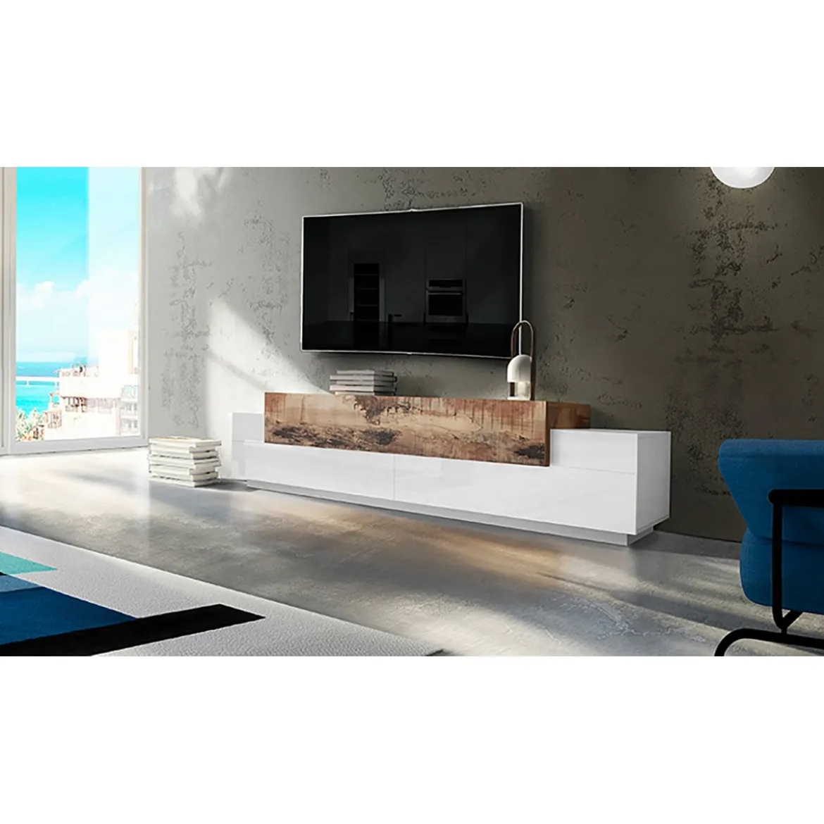 Mobile Porta TV Basso con Ante a Ribalta 240 Bianco Acero Credenza Salone
