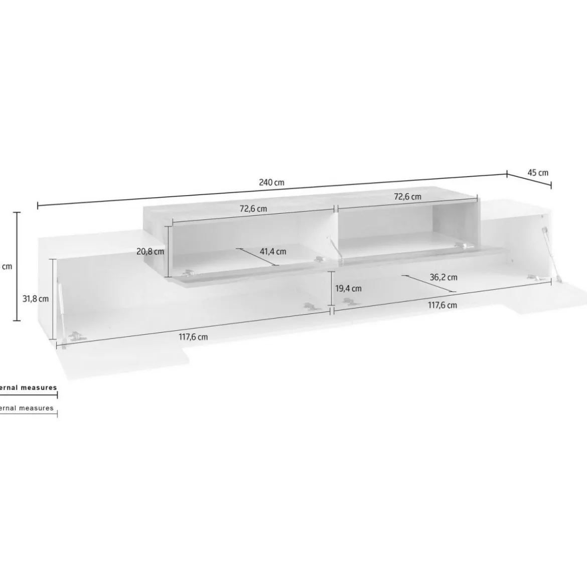 Mobile Porta TV Basso con Ante a Ribalta 240 Bianco Acero Credenza Salone