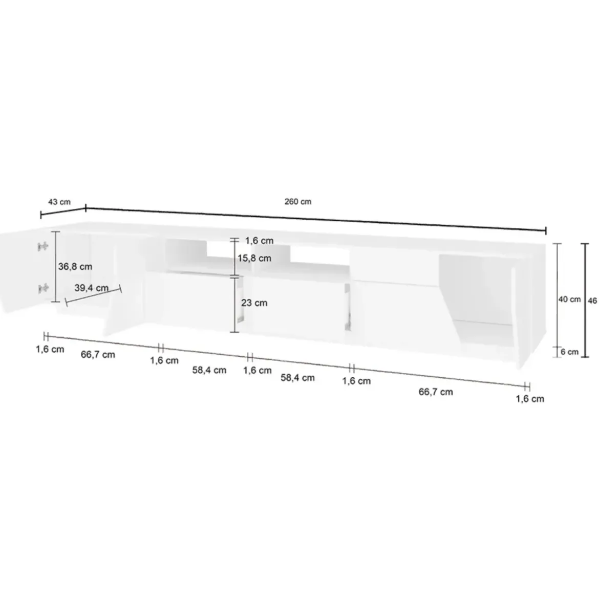 Mobile Porta TV 260 cm Bianco Laccato Acero 4 Ante 2 Cassetti Legno