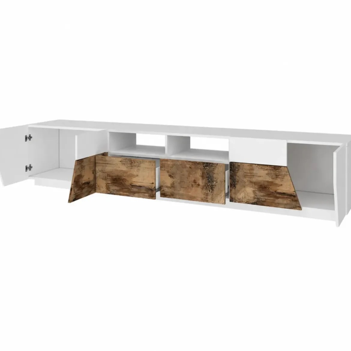 Mobile Porta TV 260 cm Bianco Laccato Acero 4 Ante 2 Cassetti Legno