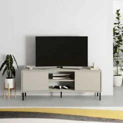 Mobile Porta TV Curvo 150 cm con 2 Ante Battenti 2 Vani a Giorno Beige