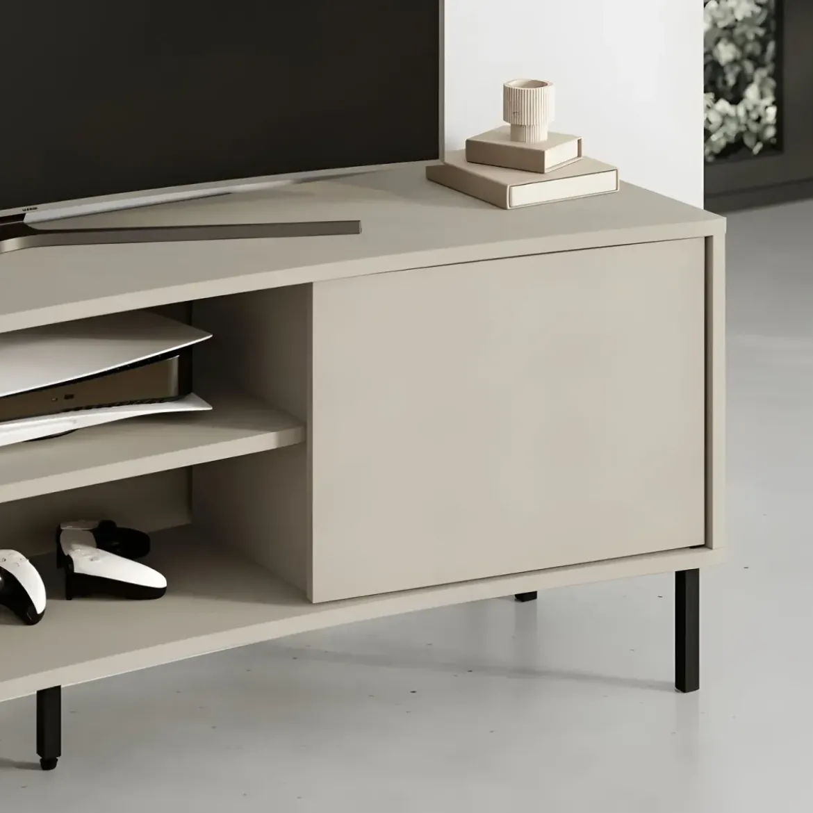 Mobile Porta TV Curvo 150 cm con 2 Ante Battenti 2 Vani a Giorno Beige