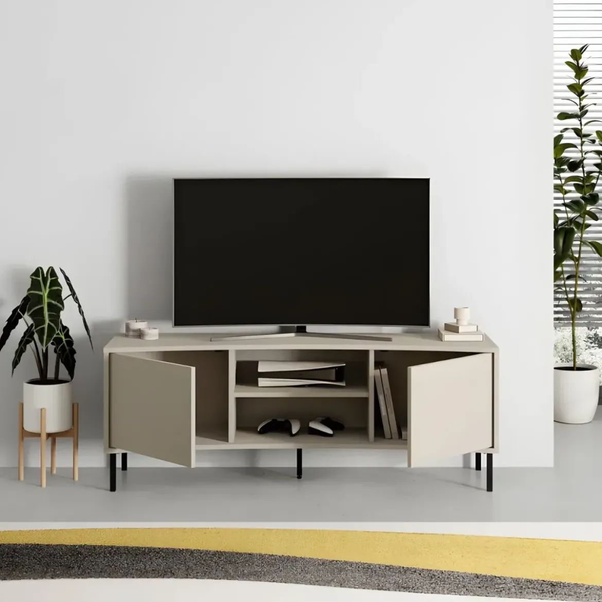 Mobile Porta TV Curvo 150 cm con 2 Ante Battenti 2 Vani a Giorno Beige
