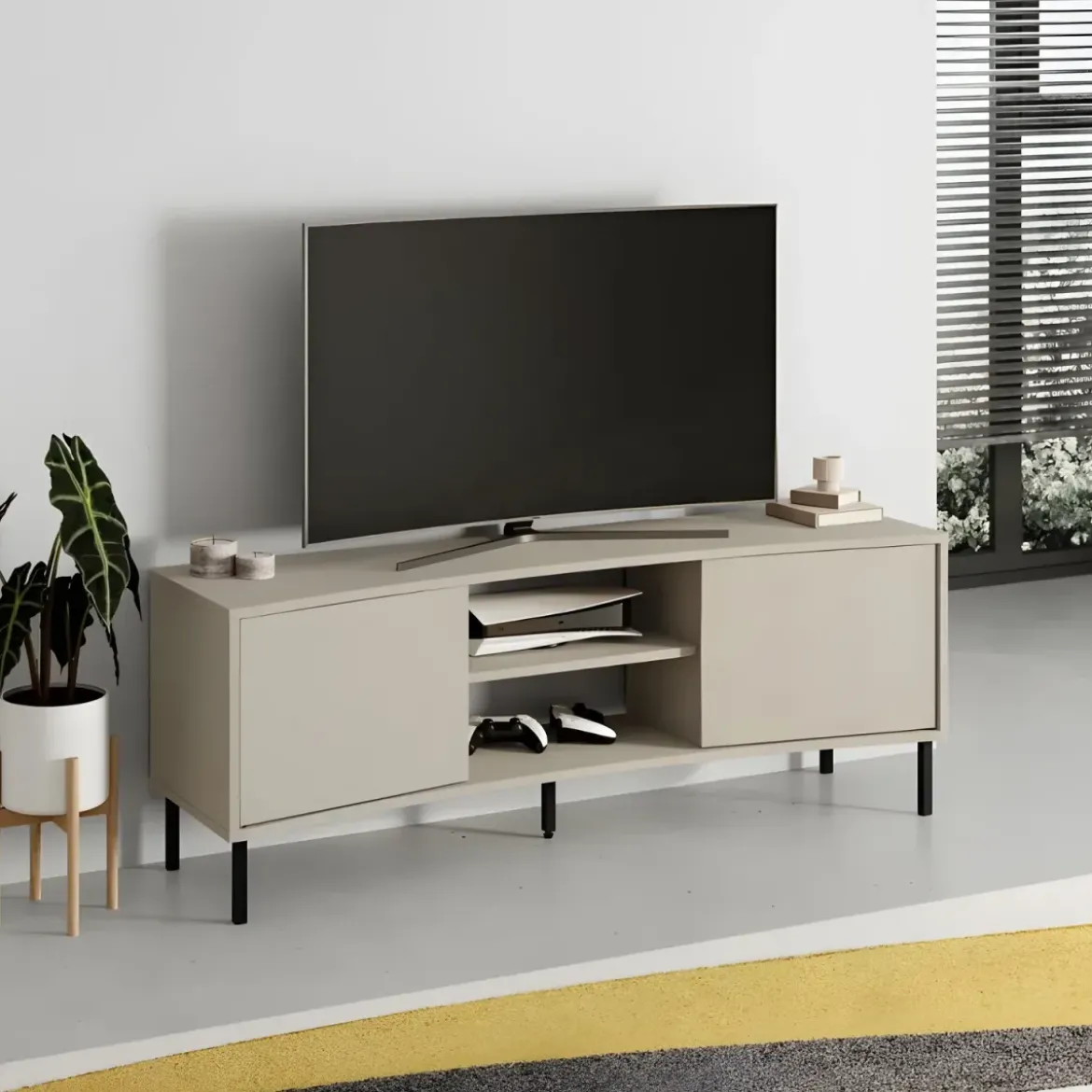 Mobile Porta TV Curvo 150 cm con 2 Ante Battenti 2 Vani a Giorno Beige