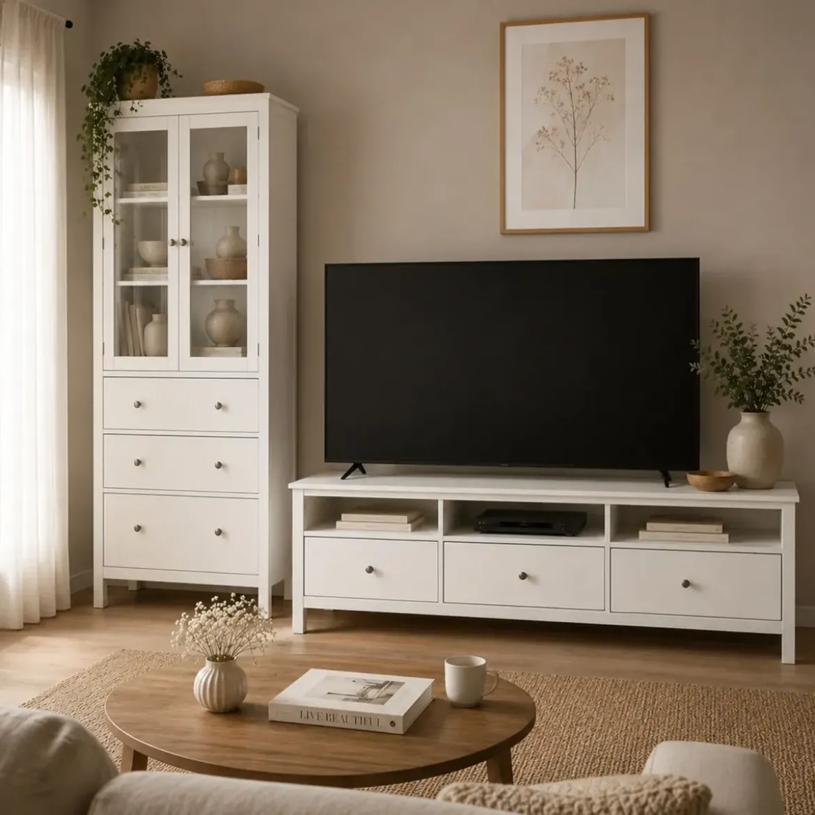 Mobile Porta Tv da Pavimento Bianco 3 Cassetti Vani a Giorno Soggiorno