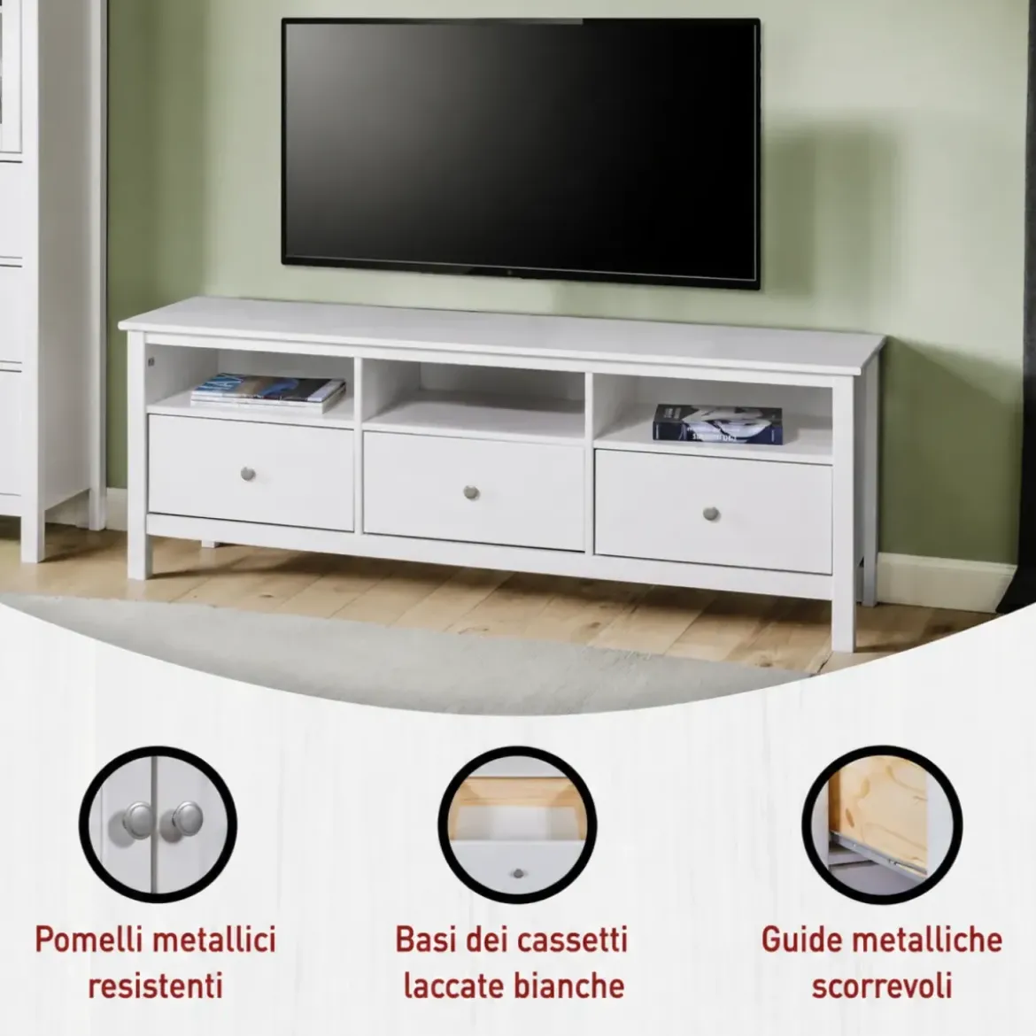 Mobile Porta Tv da Pavimento Bianco 3 Cassetti Vani a Giorno Soggiorno