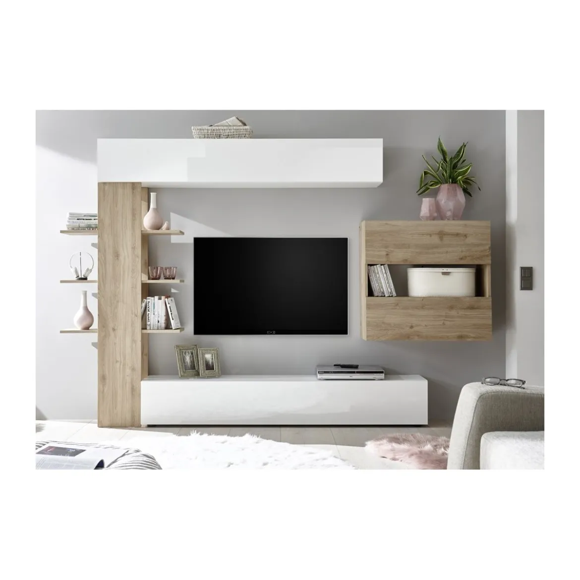 Mobile Porta Tv Parete Attrezzata Bianco Rovere Moderna Soggiorno Pensile Legno