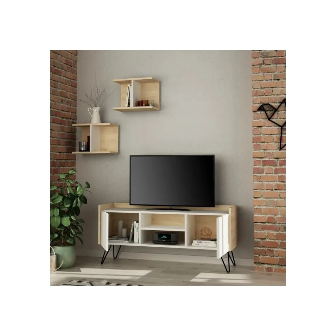 Mobile Porta Tv Rovere Ante Bianche e Mensole 125x33x56 cm