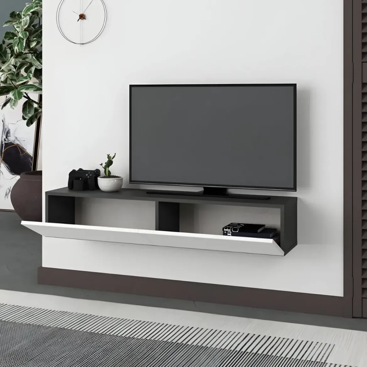 Mobile Porta TV Sospeso Bianco Antracite con Ante a Ribalta Salvaspazio
