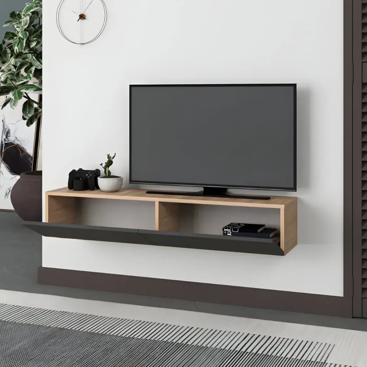 Mobile Porta TV Sospeso Rovere Antracite Ante a Ribalta Salvaspazio