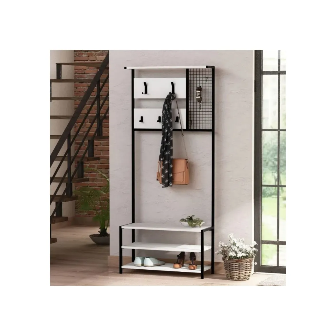 Mobile Scaffale Ingresso Bianco con Appendiabiti 78x30x182 cm