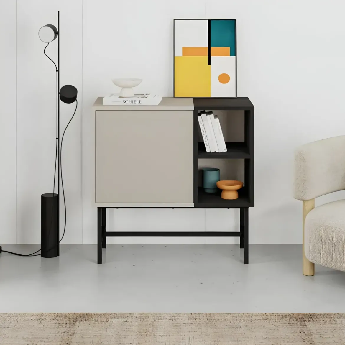 Mobile Soggiorno Moderno Basso 1 Anta Beige Nero 2 Vani a Giorno