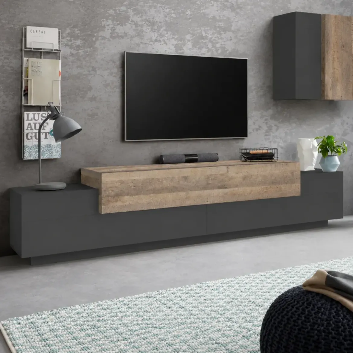 Mobile TV da Appoggio 240 cm 3 Ante a Ribalta in Legno Ardesia Acero