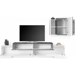 Mobile TV da Terra 240 cm con Pensile in Legno Bianco Lucido Report