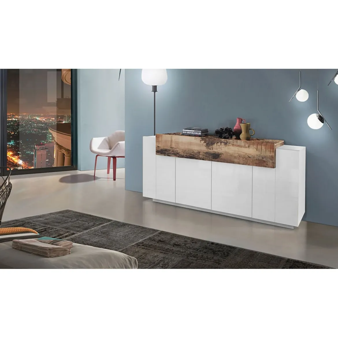 Moderna Madia Bianco e Acero Credenza con 4 Ante Mobile per Soggiorno