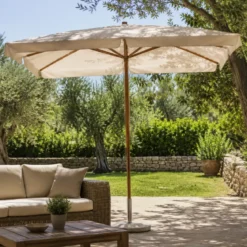 Ombrellone Legno 2x3 Corda Ecru Palo Centrale da Giardino Rettangolare