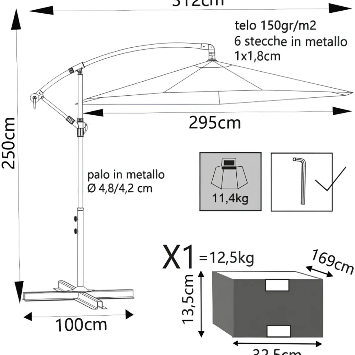 Ombrellone per Giardino 3x3 m Palo Laterale Bianco Antracite